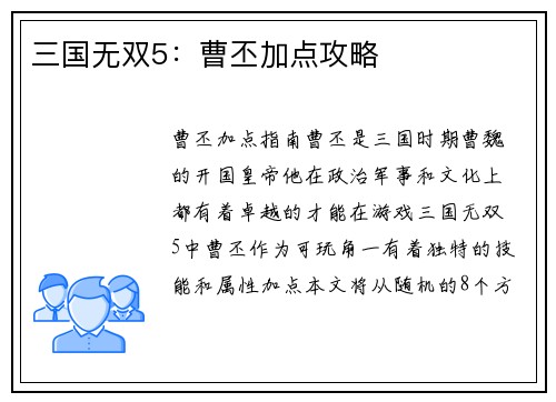 三国无双5：曹丕加点攻略